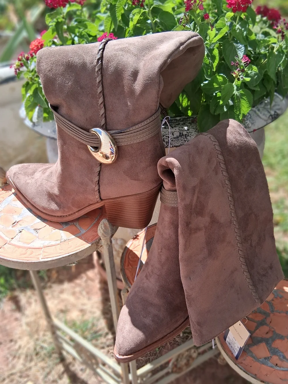 Universal Thread Over-the-Knee Suede Boots in Taupe with Gold Buckle